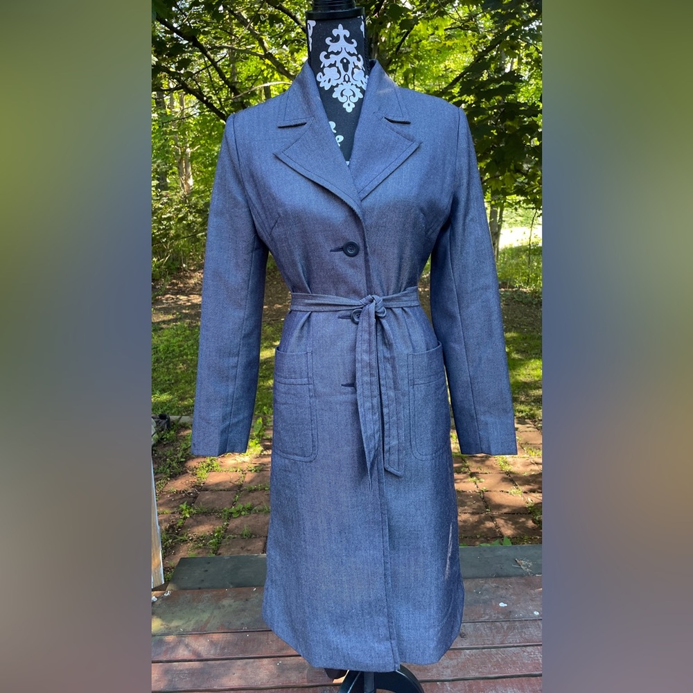 Long Metallic Denim Belted Jacket - Size Small